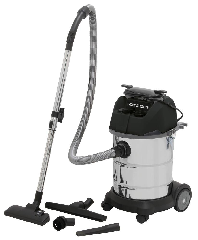 SCHNEIDER Aspirateur eau et poussière 30L 230V 1200W cuve inox/prise électroportatif/2 roues fixes/décolmatage/souffleur garantie 5 ans